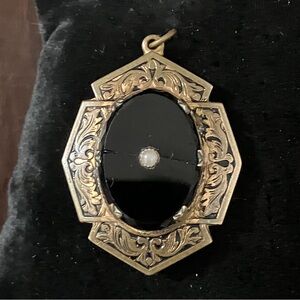 Damaged! Vintage Victorian Mourning Style Black Glass Pendant with Locket Back